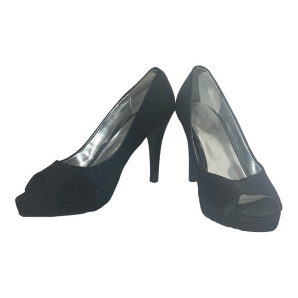 Club Couture Black Satin Stiletto Heels Open Toe 4" Heel Womens Size 8